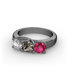 Vela Tria Yüzük - Swarovski, dumanlı kuvars ve rodolit garnet 925 ayar siyah rodyum kaplama gümüş yüzük #3pk7gb