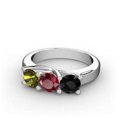 Peridot, garnet ve siyah zirkon 18 ayar beyaz altın yüzük