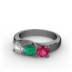 Vela Tria Yüzük - Swarovski, kök zümrüt ve rodolit garnet 925 ayar siyah rodyum kaplama gümüş yüzük #4zskwn