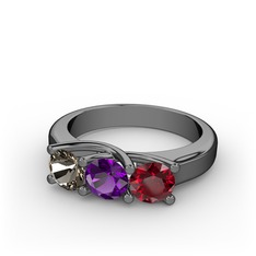 Vela Tria Yüzük - Dumanlı kuvars, ametist ve garnet 925 ayar siyah rodyum kaplama gümüş yüzük #5lte8x