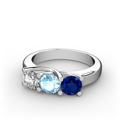 Vela Tria Yüzük - Beyaz zirkon, akuamarin ve lab safir 18 ayar beyaz altın yüzük #6aygn9