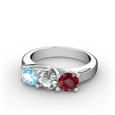 Akuamarin, swarovski ve garnet 14 ayar beyaz altın yüzük