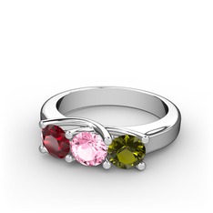 Vela Tria Yüzük - Garnet, pembe kuvars ve peridot 14 ayar beyaz altın yüzük #7iahdo