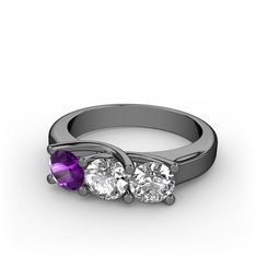Vela Tria Yüzük - Ametist, beyaz zirkon ve pırlanta 925 ayar siyah rodyum kaplama gümüş yüzük (0.5 karat) #7rpyka