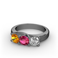 Vela Tria Yüzük - Sitrin, rodolit garnet ve swarovski 925 ayar siyah rodyum kaplama gümüş yüzük #83edwq