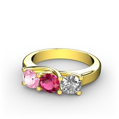 Vela Tria Yüzük - Pembe kuvars, rodolit garnet ve swarovski 18 ayar altın yüzük #8e3ef4