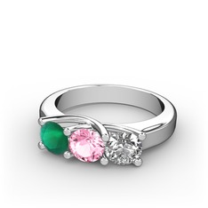 Vela Tria Yüzük - Kök zümrüt, pembe kuvars ve beyaz zirkon 14 ayar beyaz altın yüzük #8ue1j7