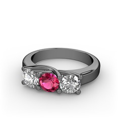 Vela Tria Yüzük - Pırlanta, rodolit garnet ve swarovski 925 ayar siyah rodyum kaplama gümüş yüzük (0.5 karat) #9busrz