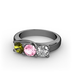 Vela Tria Yüzük - Peridot, pembe kuvars ve swarovski 925 ayar siyah rodyum kaplama gümüş yüzük #a9im5j