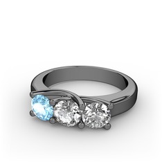 Vela Tria Yüzük - Akuamarin, beyaz zirkon ve pırlanta 925 ayar siyah rodyum kaplama gümüş yüzük (0.5 karat) #aexeo0