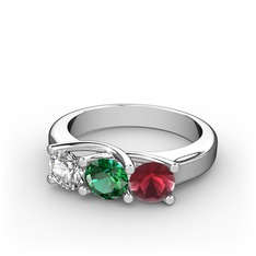 Vela Tria Yüzük - Beyaz zirkon, yeşil kuvars ve kök yakut 18 ayar beyaz altın yüzük #b42o7q