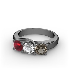 Vela Tria Yüzük - Kök yakut, pırlanta ve dumanlı kuvars 925 ayar siyah rodyum kaplama gümüş yüzük (0.5 karat) #br8du6