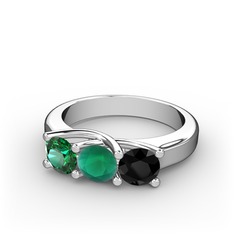 Vela Tria Yüzük - Yeşil kuvars, kök zümrüt ve siyah zirkon 18 ayar beyaz altın yüzük #c8e4g9