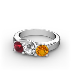 Vela Tria Yüzük - Kök yakut, swarovski ve sitrin 8 ayar beyaz altın yüzük #cj0f32