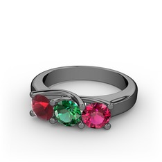 Vela Tria Yüzük - Kök yakut, yeşil kuvars ve rodolit garnet 925 ayar siyah rodyum kaplama gümüş yüzük #ctytqs