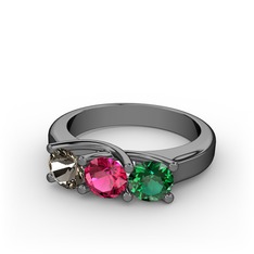 Vela Tria Yüzük - Dumanlı kuvars, rodolit garnet ve yeşil kuvars 925 ayar siyah rodyum kaplama gümüş yüzük #d9wqkh