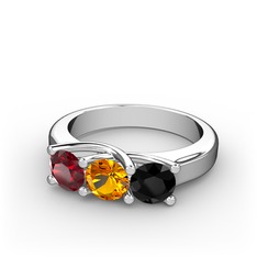 Garnet, sitrin ve siyah zirkon 18 ayar beyaz altın yüzük