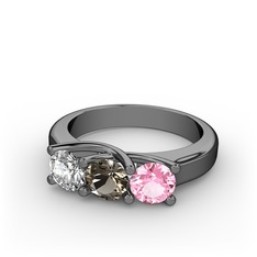 Vela Tria Yüzük - Pırlanta, dumanlı kuvars ve pembe kuvars 925 ayar siyah rodyum kaplama gümüş yüzük (0.5 karat) #euzk3