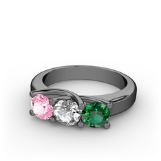 Vela Tria Yüzük - Pembe kuvars, beyaz zirkon ve yeşil kuvars 925 ayar siyah rodyum kaplama gümüş yüzük #ewyum4