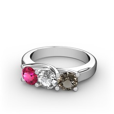 Rodolit garnet, swarovski ve dumanlı kuvars 8 ayar beyaz altın yüzük