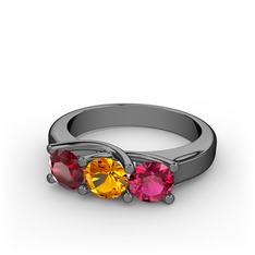 Vela Tria Yüzük - Garnet, sitrin ve rodolit garnet 925 ayar siyah rodyum kaplama gümüş yüzük #ggp5oh