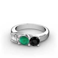 Vela Tria Yüzük - Beyaz zirkon, kök zümrüt ve siyah zirkon 14 ayar beyaz altın yüzük #gwvo5n