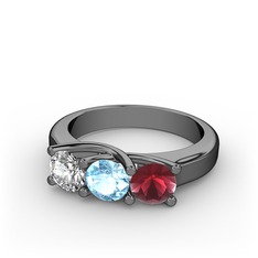 Vela Tria Yüzük - Swarovski, akuamarin ve kök yakut 925 ayar siyah rodyum kaplama gümüş yüzük #i1kiyi