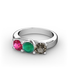 Vela Tria Yüzük - Rodolit garnet, kök zümrüt ve dumanlı kuvars 14 ayar beyaz altın yüzük #iq6iyr