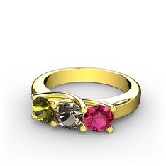 Peridot, dumanlı kuvars ve rodolit garnet 18 ayar altın yüzük