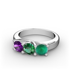 Vela Tria Yüzük - Ametist, yeşil kuvars ve kök zümrüt 14 ayar beyaz altın yüzük #kf5qg6