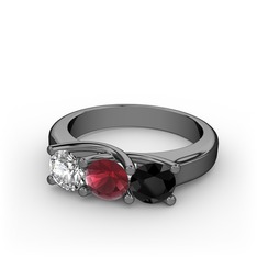 Vela Tria Yüzük - Swarovski, kök yakut ve siyah zirkon 925 ayar siyah rodyum kaplama gümüş yüzük #ko70y0