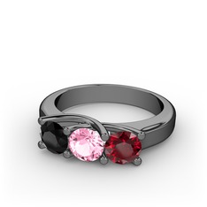 Siyah zirkon, pembe kuvars ve garnet 925 ayar siyah rodyum kaplama gümüş yüzük