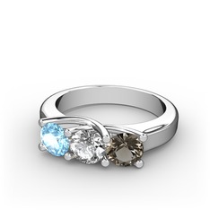 Akuamarin, swarovski ve dumanlı kuvars 8 ayar beyaz altın yüzük