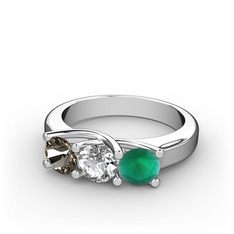 Vela Tria Yüzük - Dumanlı kuvars, swarovski ve kök zümrüt 8 ayar beyaz altın yüzük #lh726v