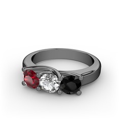 Vela Tria Yüzük - Garnet, pırlanta ve siyah zirkon 925 ayar siyah rodyum kaplama gümüş yüzük (0.5 karat) #lno47x