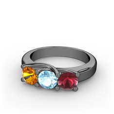 Vela Tria Yüzük - Sitrin, akuamarin ve kök yakut 925 ayar siyah rodyum kaplama gümüş yüzük #mqtv2p
