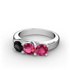 Vela Tria Yüzük - Siyah zirkon ve rodolit garnet 8 ayar beyaz altın yüzük #mvw3w2