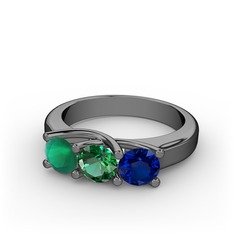Vela Tria Yüzük - Kök zümrüt, yeşil kuvars ve lab safir 925 ayar siyah rodyum kaplama gümüş yüzük #n32z78