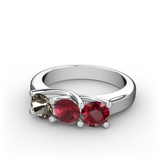 Vela Tria Yüzük - Dumanlı kuvars, kök yakut ve garnet 18 ayar beyaz altın yüzük #nvyndz