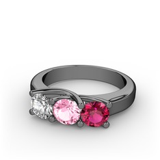 Vela Tria Yüzük - Pırlanta, pembe kuvars ve rodolit garnet 925 ayar siyah rodyum kaplama gümüş yüzük (0.5 karat) #o27vy7
