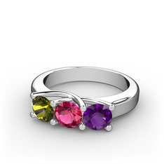 Peridot, rodolit garnet ve ametist 14 ayar beyaz altın yüzük