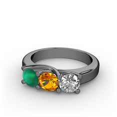 Vela Tria Yüzük - Kök zümrüt, sitrin ve swarovski 925 ayar siyah rodyum kaplama gümüş yüzük #o4xs35