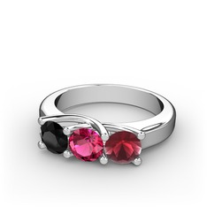 Vela Tria Yüzük - Siyah zirkon, rodolit garnet ve kök yakut 18 ayar beyaz altın yüzük #oy59jn