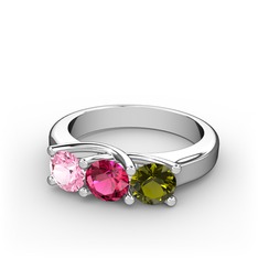 Vela Tria Yüzük - Pembe kuvars, rodolit garnet ve peridot 8 ayar beyaz altın yüzük #p5ux8g