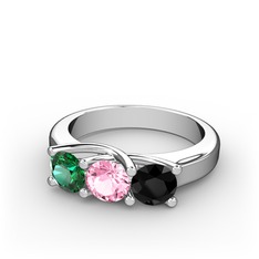 Vela Tria Yüzük - Yeşil kuvars, pembe kuvars ve siyah zirkon 18 ayar beyaz altın yüzük #q4l9fa