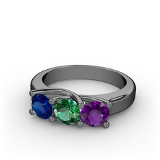Vela Tria Yüzük - Lab safir, yeşil kuvars ve ametist 925 ayar siyah rodyum kaplama gümüş yüzük #qbs15t