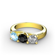 Akuamarin, siyah zirkon ve swarovski 925 ayar altın kaplama gümüş yüzük