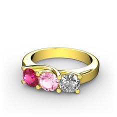 Rodolit garnet, pembe kuvars ve pırlanta 14 ayar altın yüzük (0.5 karat)