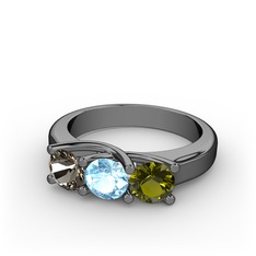 Vela Tria Yüzük - Dumanlı kuvars, akuamarin ve peridot 925 ayar siyah rodyum kaplama gümüş yüzük #s7ss35