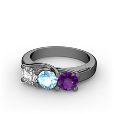 Vela Tria Yüzük - Beyaz zirkon, akuamarin ve ametist 925 ayar siyah rodyum kaplama gümüş yüzük #s8nbe7